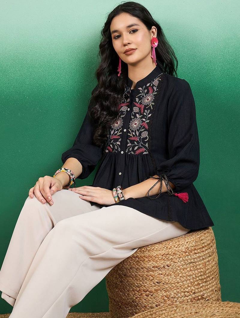 women embroidered floral print mandarin collar top