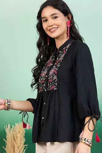 women embroidered floral print mandarin collar top