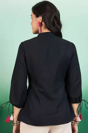 women embroidered floral print mandarin collar top
