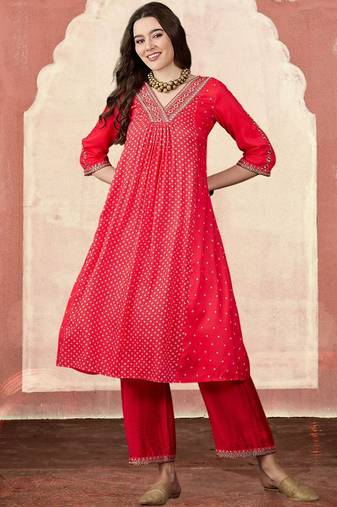 bandhani printed v-neck a-line kurta & trousers set