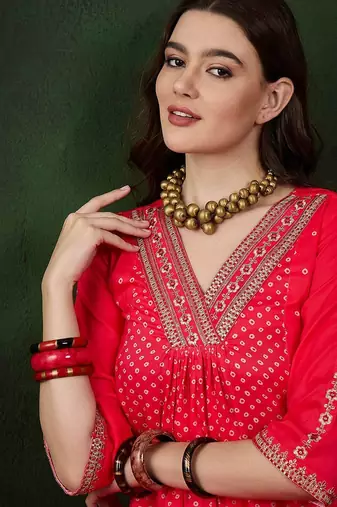 bandhani printed v-neck a-line kurta & trousers set