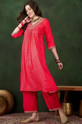 bandhani printed v-neck a-line kurta & trousers set