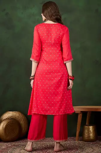 bandhani printed v-neck a-line kurta & trousers set