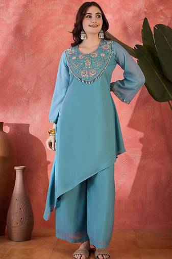 floral yoke design sequence asymmetric kurta & palazzo set