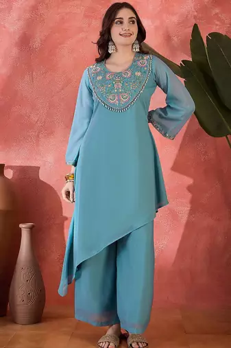 floral yoke design sequence asymmetric kurta & palazzo set