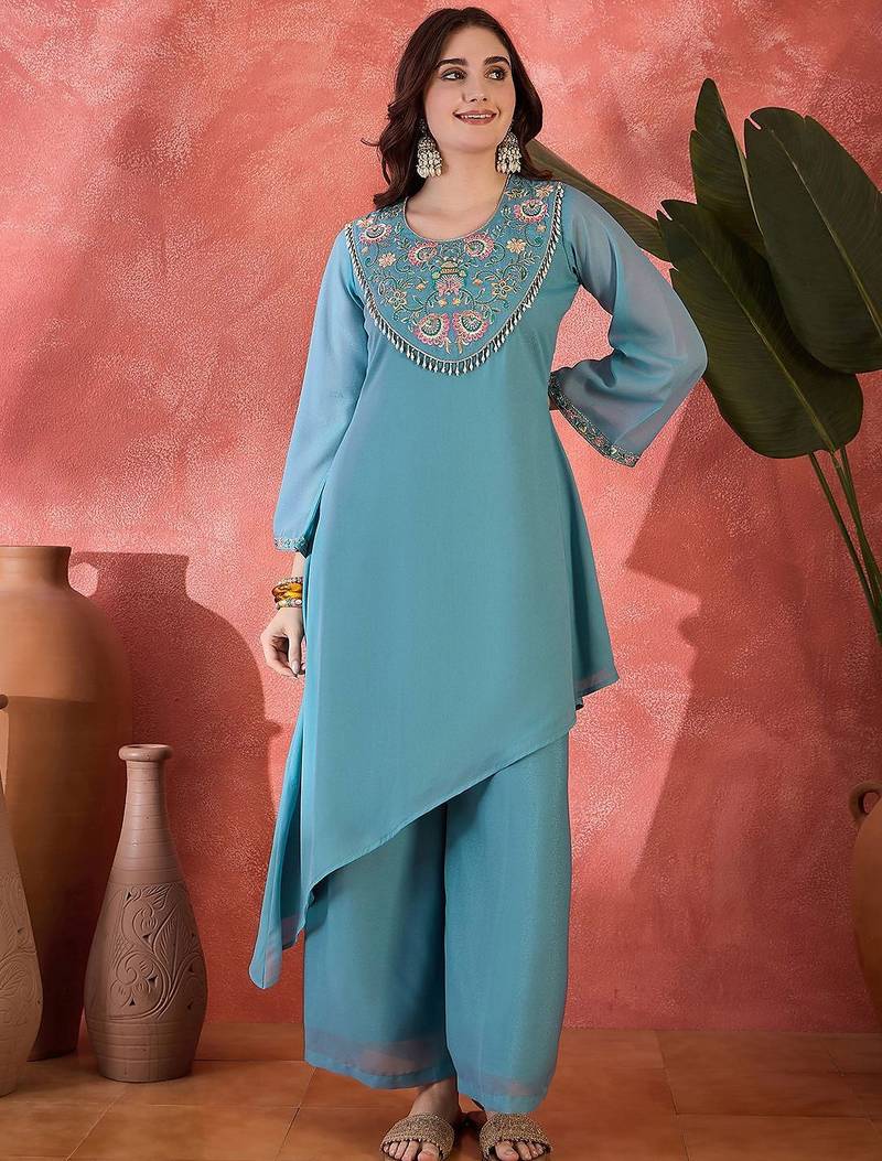floral yoke design sequence asymmetric kurta & palazzo set