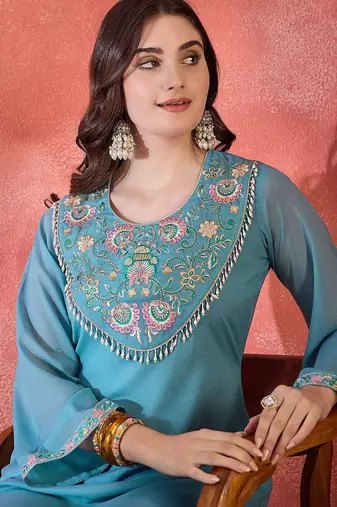 floral yoke design sequence asymmetric kurta & palazzo set