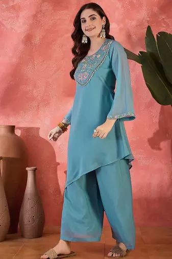 floral yoke design sequence asymmetric kurta & palazzo set