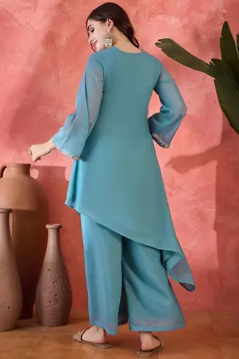 floral yoke design sequence asymmetric kurta & palazzo set