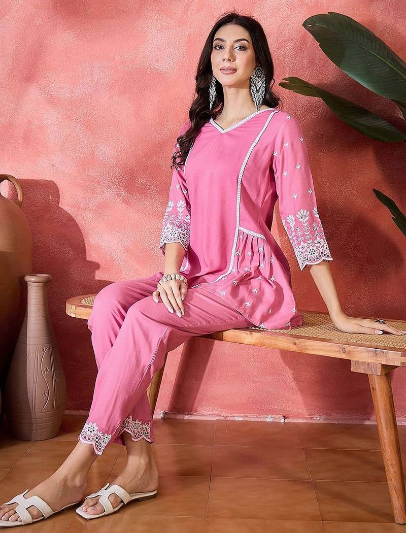 chikankari embroidered tunic & trousers co-ords