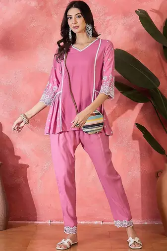chikankari embroidered tunic & trousers co-ords