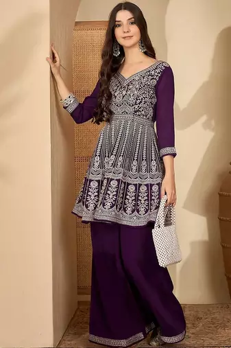 embroidered v-neck straight kurti & palazzos set
