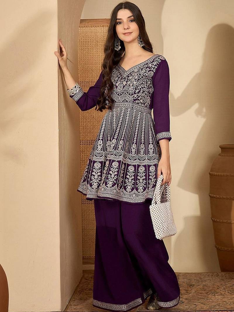 embroidered v-neck straight kurti & palazzos set