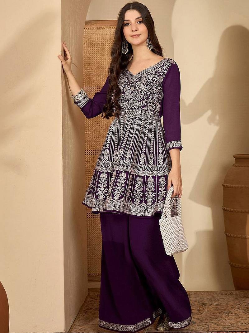 embroidered v-neck kurta & palazzos