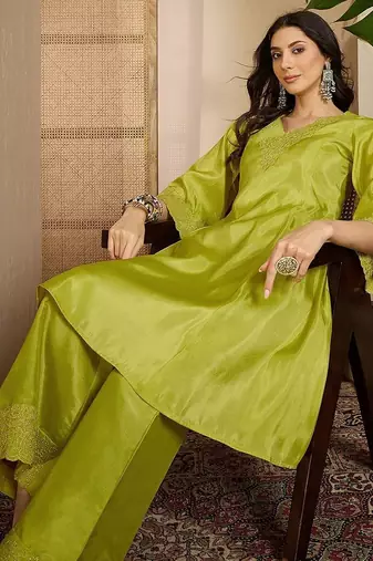 embroidered v-neck kurta & trousers kurta sets
