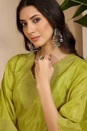 embroidered v-neck kurta & trousers kurta sets
