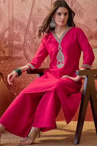 embroidered v-neck kurta & palazzos kurta set