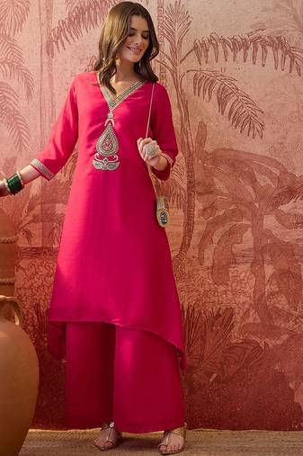 embroidered v-neck kurta & palazzos kurta set