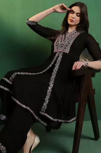 alina cut embroidered a-line silk kurta with palazzo set