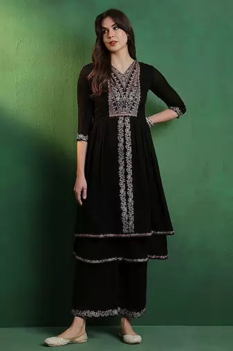 alina cut embroidered a-line silk kurta with palazzo set