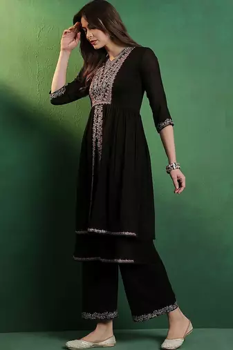 alina cut embroidered a-line silk kurta with palazzo set