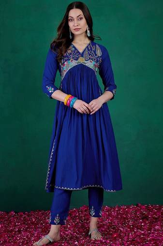 floral embroidered sequinned v-neck empire a-line kurta with trousers