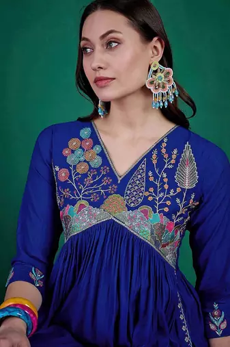 floral embroidered sequinned v-neck empire a-line kurta with trousers
