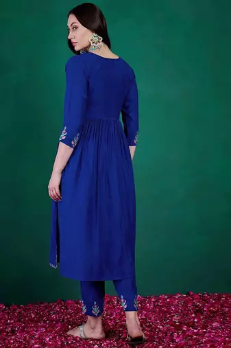 floral embroidered sequinned v-neck empire a-line kurta with trousers