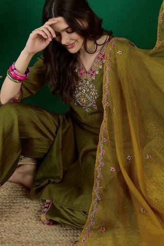 embroidered zari sequence straight kurta palazzo & dupatta set