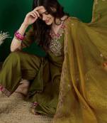embroidered zari sequence straight kurta palazzo & dupatta set