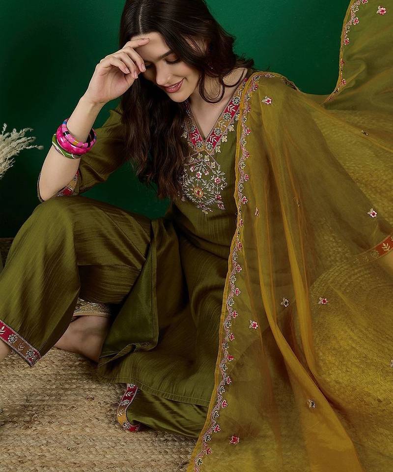 embroidered zari sequence straight kurta palazzo & dupatta set