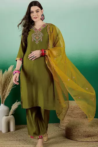 embroidered zari sequence straight kurta palazzo & dupatta set