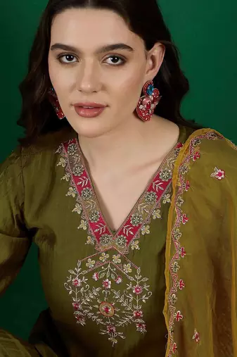 embroidered zari sequence straight kurta palazzo & dupatta set