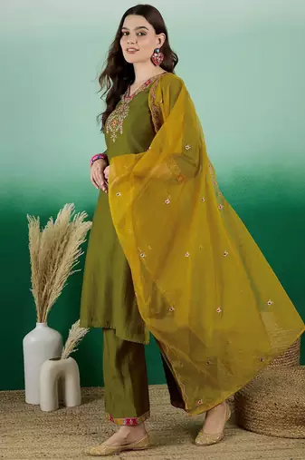embroidered zari sequence straight kurta palazzo & dupatta set