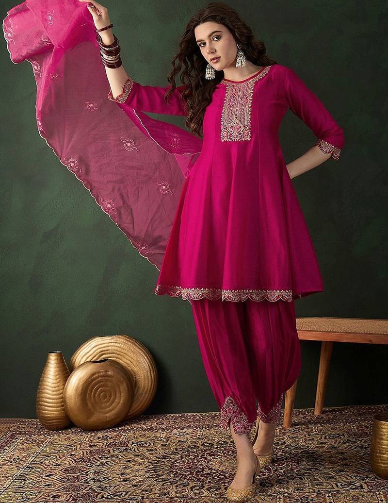 embroidered a-line kurta set with afghani pant & dupatta