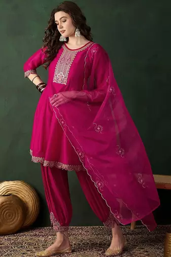 embroidered a-line kurta set with afghani pant & dupatta