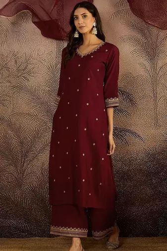 embroidered sequence kurta & palazzos with dupatta set