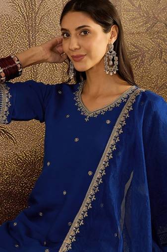 embroidered sequence kurta & palazzos with dupatta set
