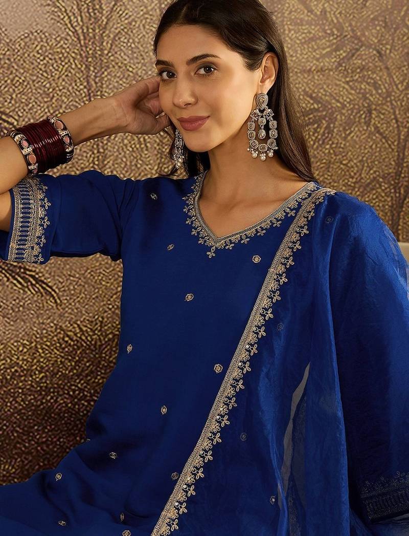 embroidered sequence kurta & palazzos with dupatta set