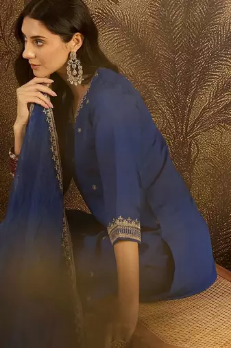 embroidered sequence kurta & palazzos with dupatta set