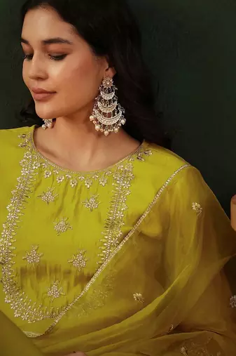 yellow floral embroidered round neck zari straight kurta & palazzos with dupatta