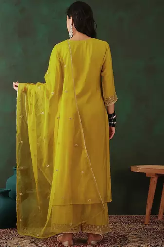 yellow floral embroidered round neck zari straight kurta & palazzos with dupatta