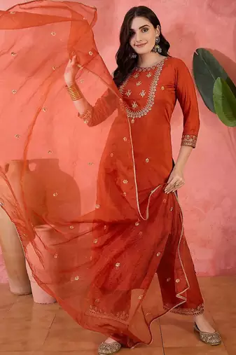 women sequence embroidered straight kurta with trouser & dupatta
