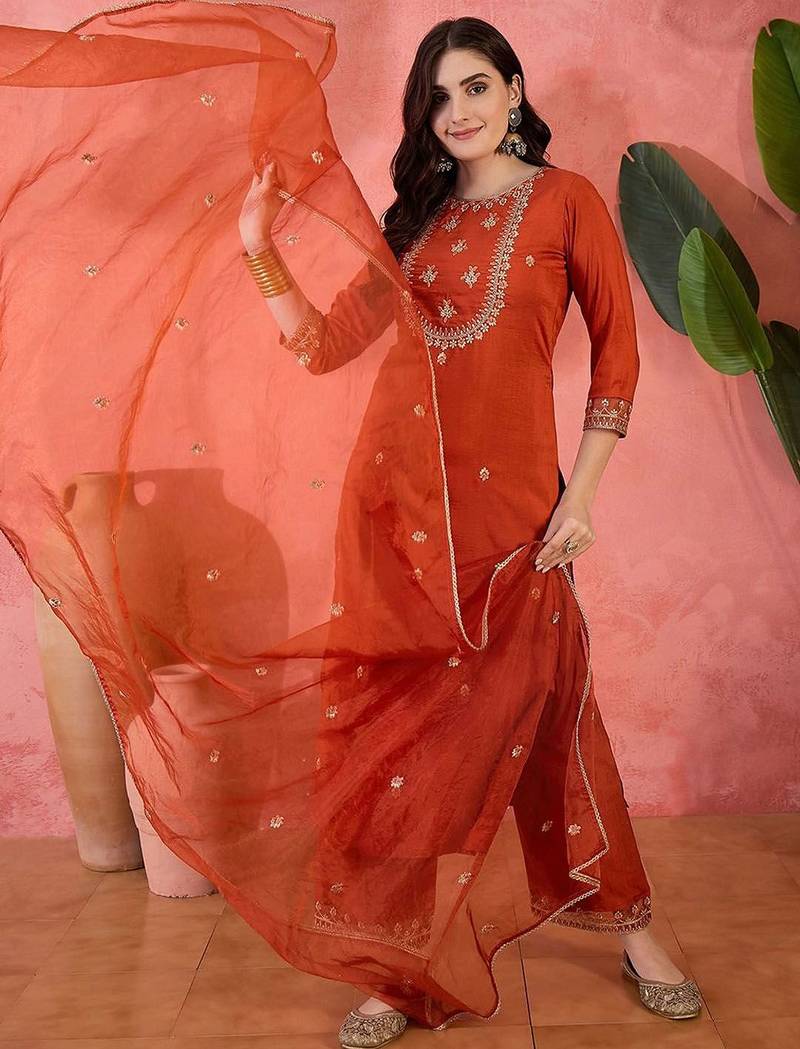 women sequence embroidered straight kurta with trouser & dupatta