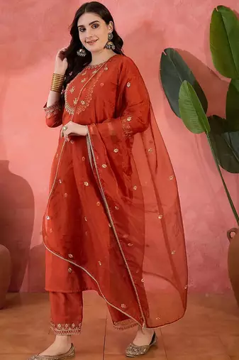 women sequence embroidered straight kurta with trouser & dupatta