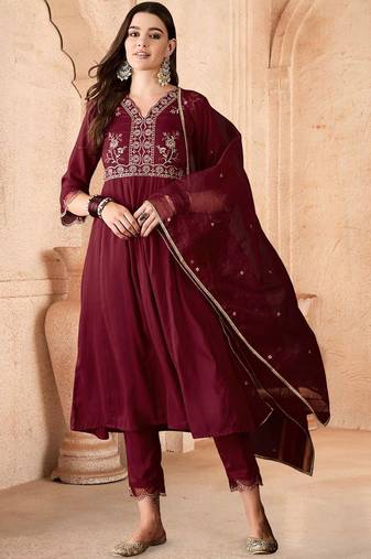 floral yoke design empire v-neck sequinned anarkali kurta with trouser and dupatta