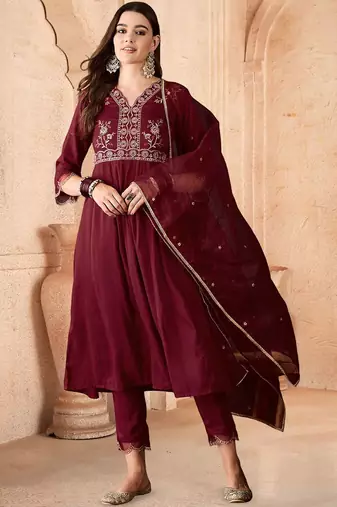floral yoke design empire v-neck sequinned anarkali kurta with trouser and dupatta