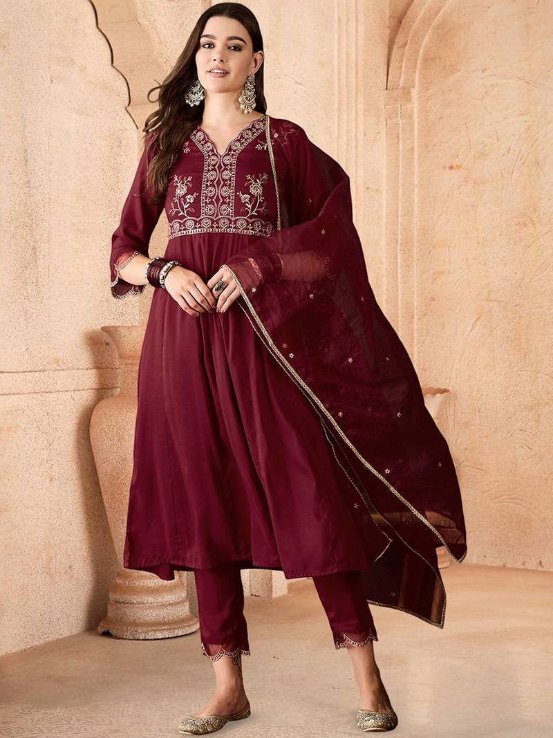 floral yoke design empire v-neck sequinned anarkali kurta with trouser and dupatta