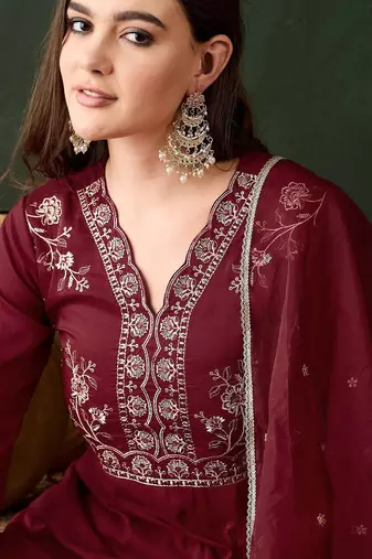 floral yoke design empire v-neck sequinned anarkali kurta with trouser and dupatta