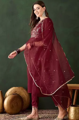 floral yoke design empire v-neck sequinned anarkali kurta with trouser and dupatta